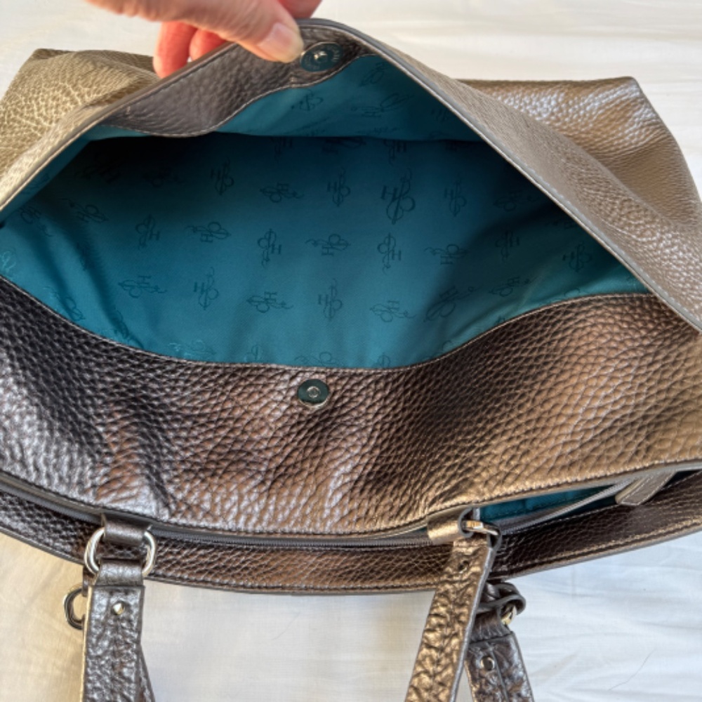 Cole Haan Silver Pewter Pebbled Leather Tote | Original Dust Bag | Teal Lining - Picture 14 of 15